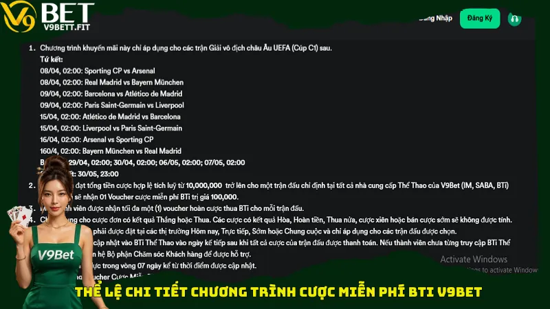Thể lệ chi tiết chương trình cược miễn phí BTi V9bet
